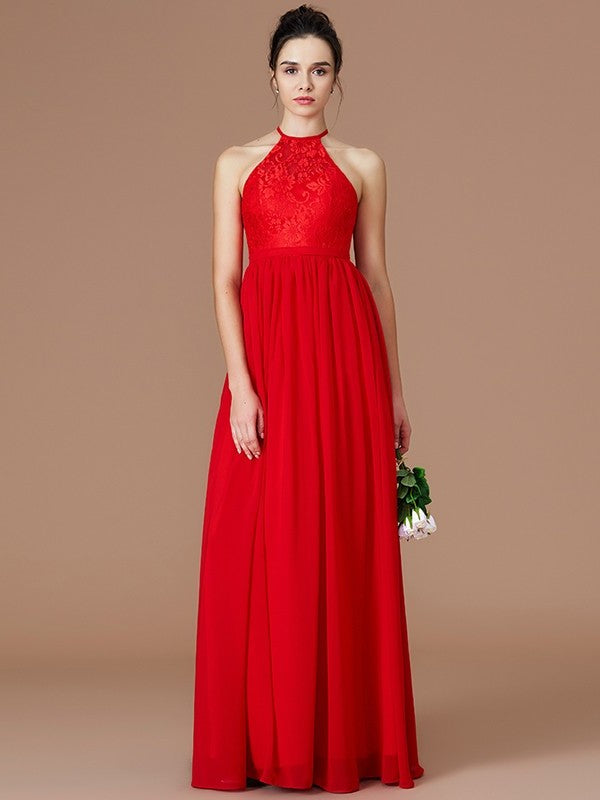 Lace Sleeveless Floor-Length Halter A-Line/Princess Chiffon Bridesmaid Dresses