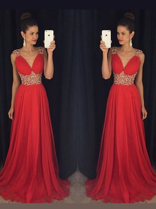 A-Line/Princess Sleeveless Beading V-neck Floor-Length Chiffon Dresses