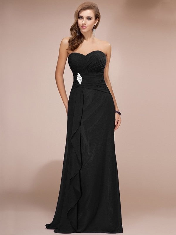 Sheath/Column Long Sweetheart Sleeveless Ruffles Beading Chiffon Bridesmaid Dresses