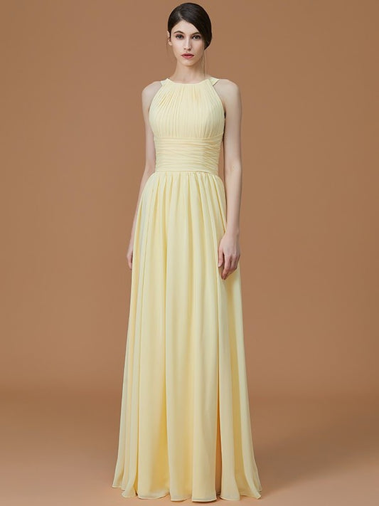 Floor-Length Halter A-Line/Princess Sleeveless Ruched Chiffon Bridesmaid Dresses