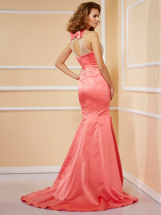 Sheath/Column Jewel Beading Sleeveless Long Satin Dresses