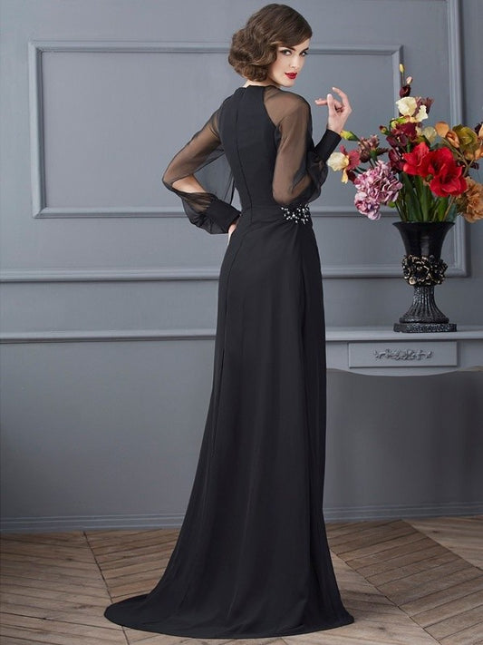 Beading Sleeves Scoop Sheath/Column Long Long Chiffon Dresses