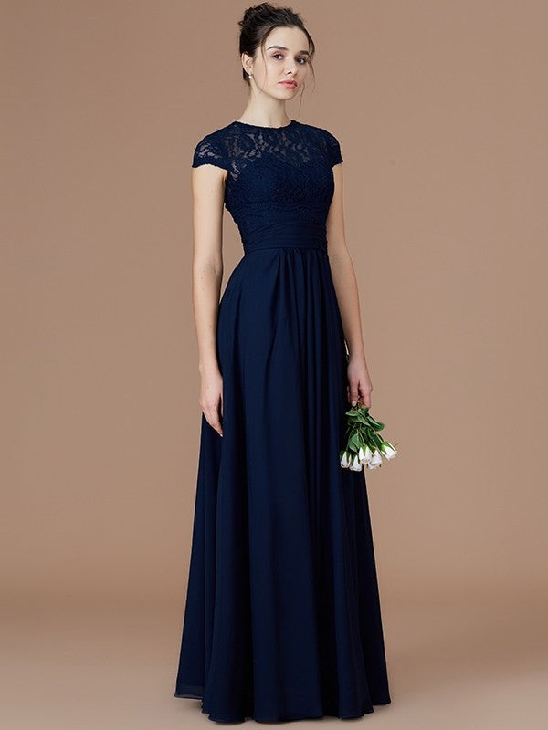 Floor-Length Sleeves Lace A-Line/Princess Short Jewel Chiffon Bridesmaid Dresses