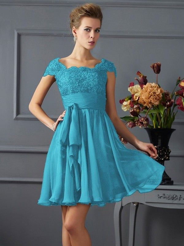 Sleeves Scoop A-Line/Princess Lace Short Short Chiffon Bridesmaid Dresses