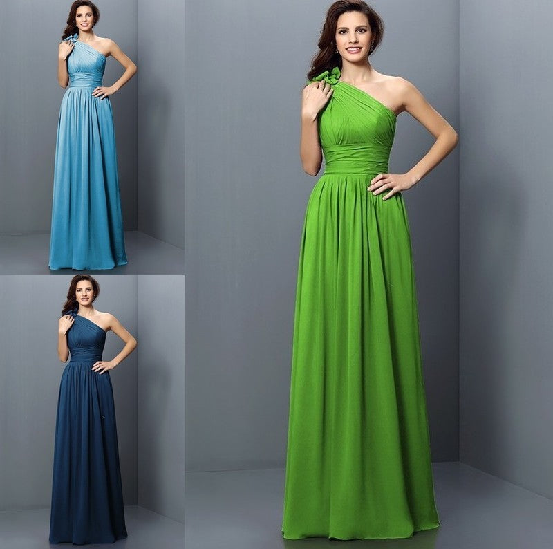 Sleeveless A-Line/Princess One-Shoulder Long Pleats Chiffon Bridesmaid Dresses