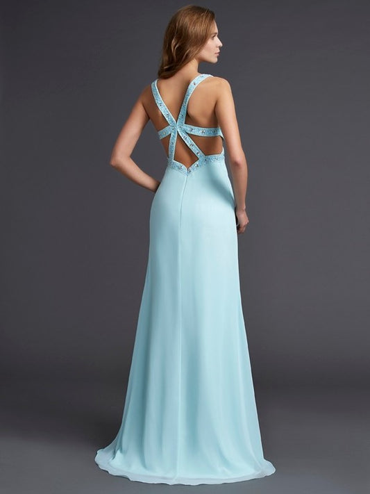 Beading Sleeveless Sheath/Column V-neck Long Chiffon Dresses