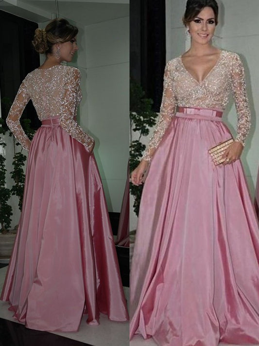 Sleeves Long Floor-Length A-Line/Princess V-neck Lace Satin Dresses