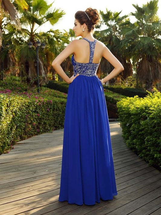 Beading A-Line/Princess Sleeveless Straps Long Chiffon Dresses