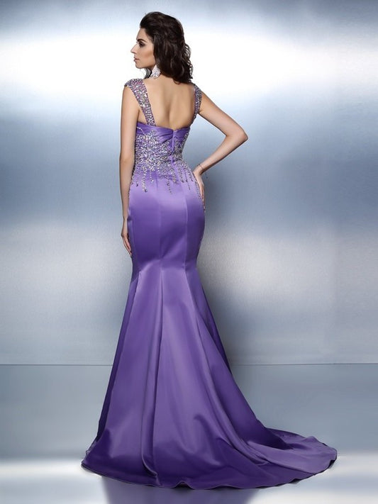 Beading Trumpet/Mermaid Sleeveless Sweetheart Long Satin Dresses