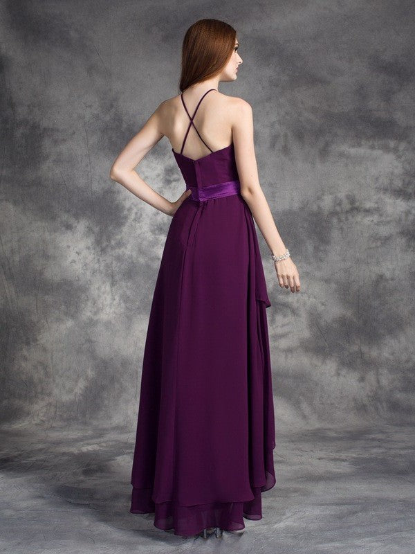 Halter Low A-line/Princess Sleeveless High Ruffles Chiffon Bridesmaid Dresses