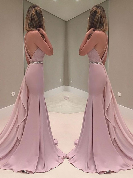 One-Shoulder Trumpet/Mermaid Sleeveless Sweep/Brush Train Ruffles Chiffon Dresses