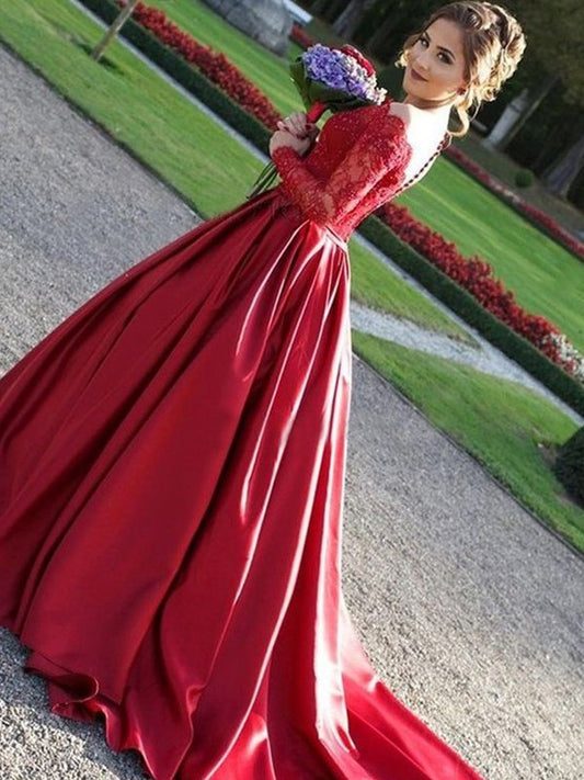 Train Sweep/Brush Long A-Line/Princess V-neck Sleeves Lace Satin Dresses