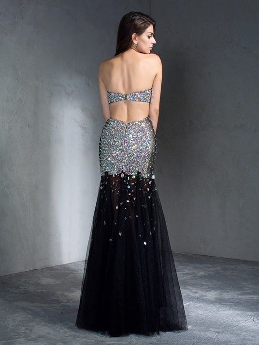 Sleeveless Sequin Sheath/Column Strapless Long Satin Dresses