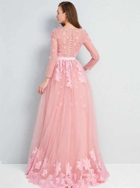 Floor-Length Scoop Sleeves A-Line/Princess 3/4 Applique Tulle Dresses