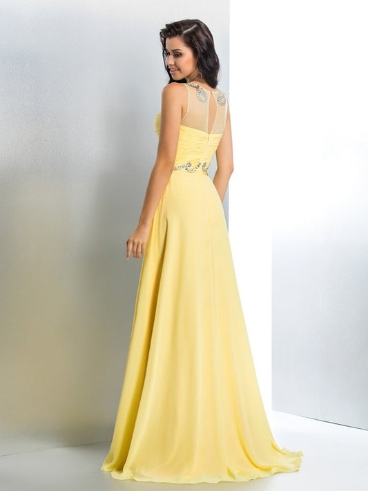 Neck Sheer A-Line/Princess Beading Sleeveless Long Chiffon Dresses