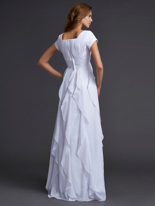 Square Sheath/Column Short Sleeves Ruffles Long Chiffon Dresses