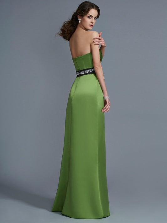 Strapless Sleeveless Sheath/Column Long Sash/Ribbon/Belt Satin Bridesmaid Dresses