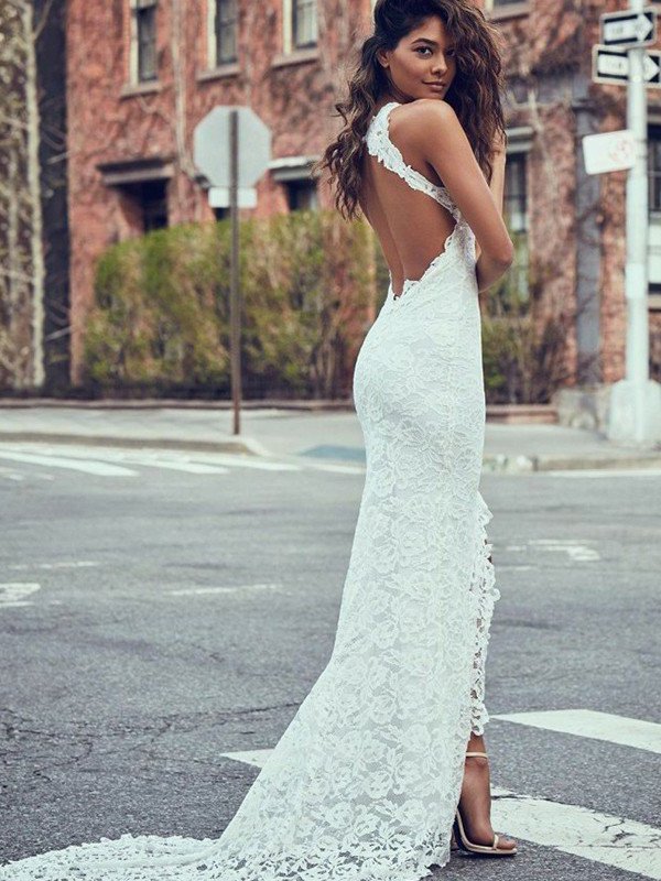 Lace Halter Sweep/Brush Sleeveless Trumpet/Mermaid Train Wedding Dresses