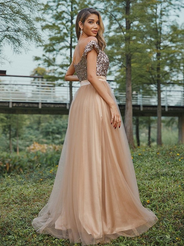 A-Line/Princess Sleeveless Off-the-Shoulder Tulle Sequin Floor-Length Bridesmaid Dresses