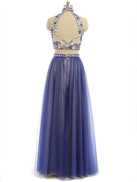 A-Line/Princess Floor-Length High Sleeveless Chiffon Beading Neck Two Piece Dresses