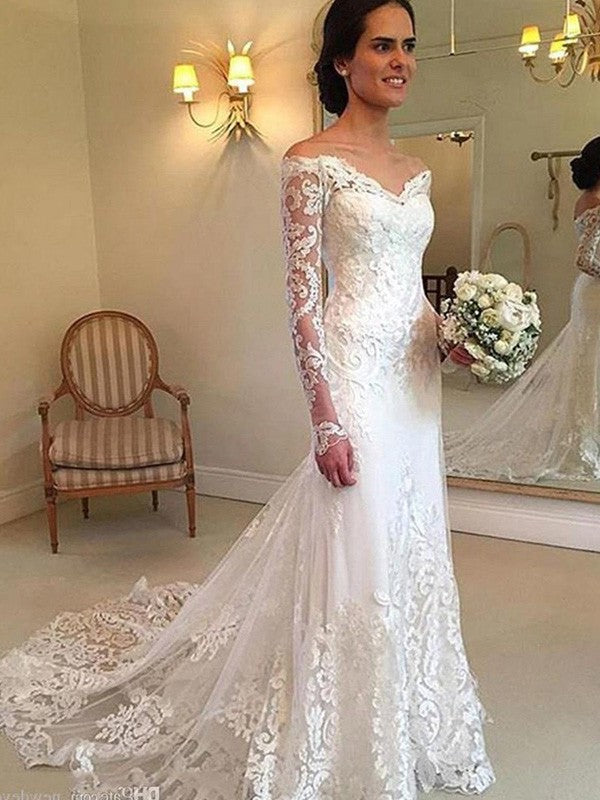 Sleeves Trumpet/Mermaid Long Applique Train Off-the-Shoulder Court Lace Wedding Dresses