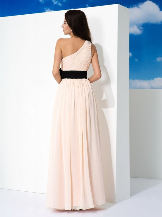 A-Line/Princess Sash/Ribbon/Belt One-Shoulder Sleeveless Long Chiffon Dresses