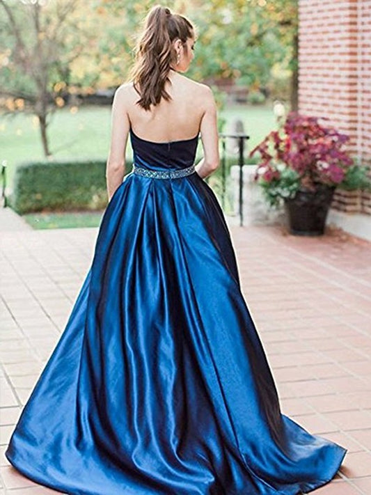 Train Sleeveless A-Line/Princess Sweep/Brush Halter Beading Satin Dresses