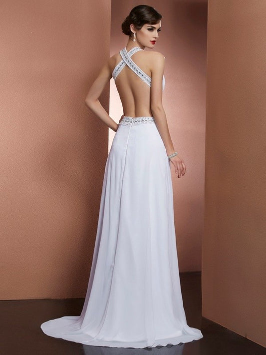 Sleeveless A-Line/Princess Beading Bateau Long Chiffon Dresses