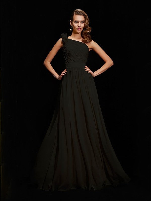 A-Line/Princess Hand-Made Sleeveless Flower One-Shoulder Long Chiffon Bridesmaid Dresses