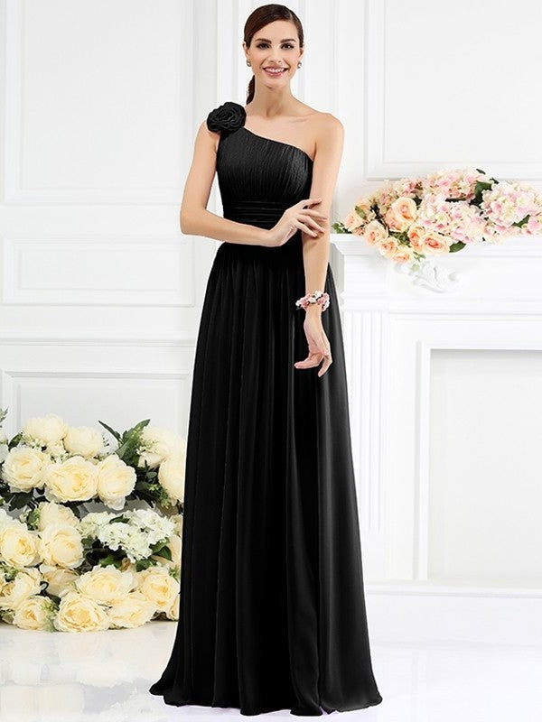 A-Line/Princess Flower Sleeveless One-Shoulder Long Pleats Hand-Made Chiffon Bridesmaid Dresses