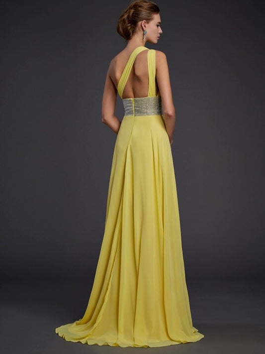 Sleeveless One-Shoulder A-Line/Princess Beading Long Chiffon Dresses