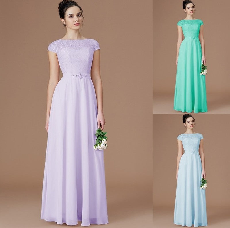 Floor-Length Bateau A-Line/Princess Lace Sleeveless Chiffon Bridesmaid Dresses