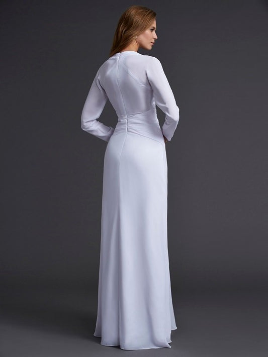 Long Sheath/Column V-neck Ruched Sleeves Long Chiffon Dresses