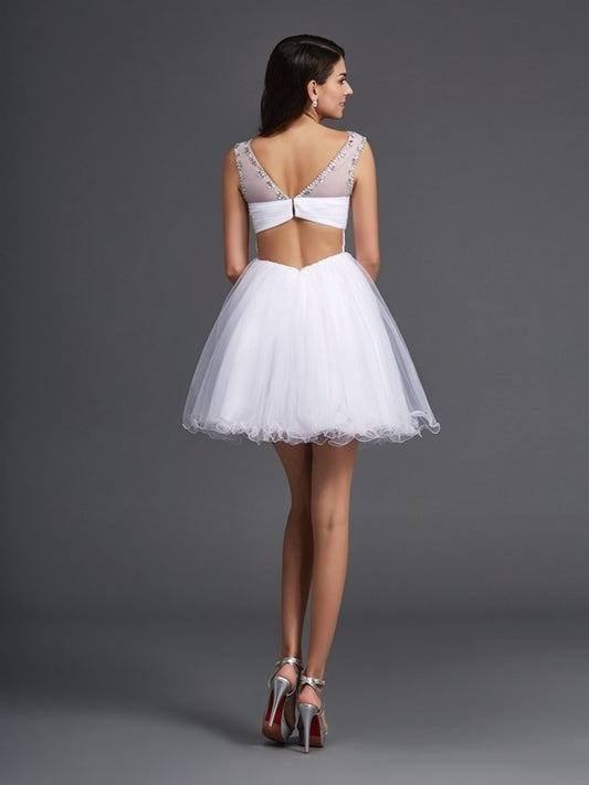 Sleeveless Scoop A-Line/Princess Beading Short Net Dresses