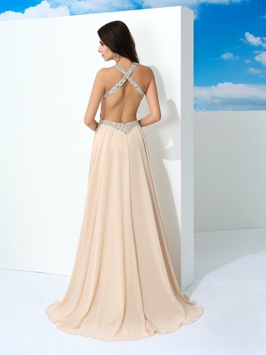 Sleeveless Straps Beading A-Line/Princess Long Chiffon Dresses