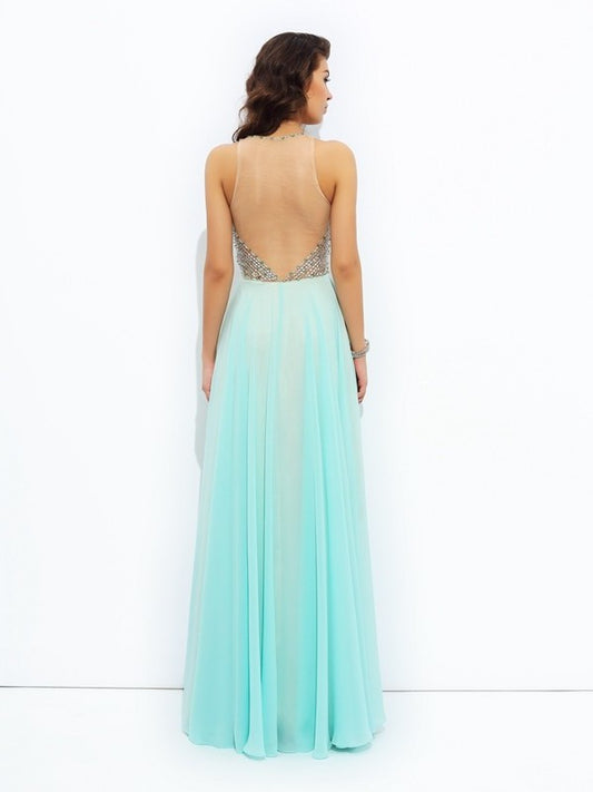 A-line/Princess Beading Sleeveless Jewel Long Chiffon Dresses