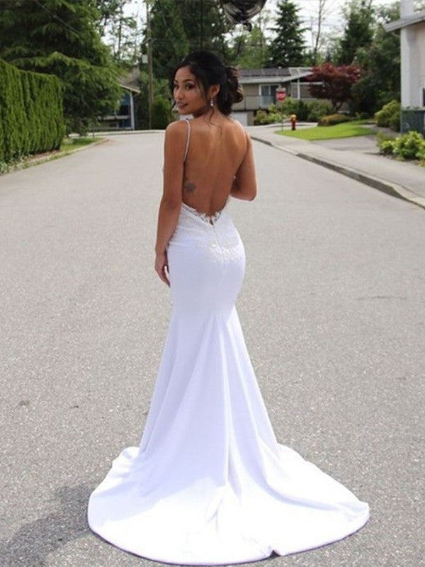 Sleeveless Spaghetti Stretch Train Lace Trumpet/Mermaid Straps Sweep/Brush Crepe Wedding Dresses