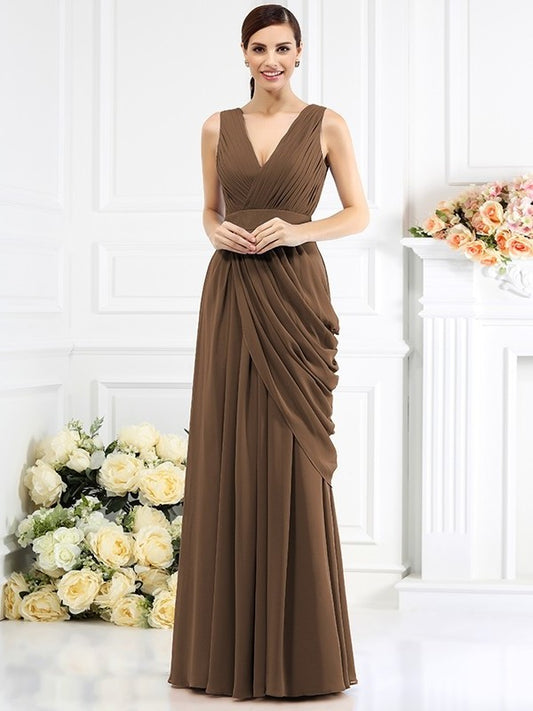 V-neck Sleeveless A-Line/Princess Pleats Long Chiffon Bridesmaid Dresses