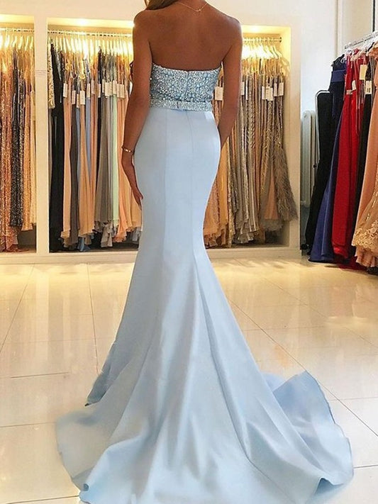 Sleeveless Trumpet/Mermaid Sweep/Brush Train Sweetheart Beading Satin Dresses