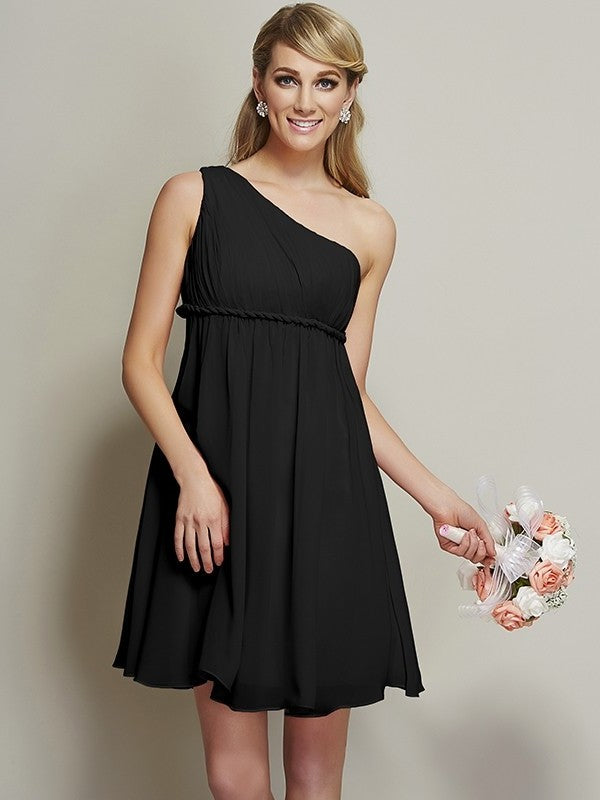 A-Line/Princess One-Shoulder Short Sash/Ribbon/Belt Sleeveless Chiffon Bridesmaid Dresses