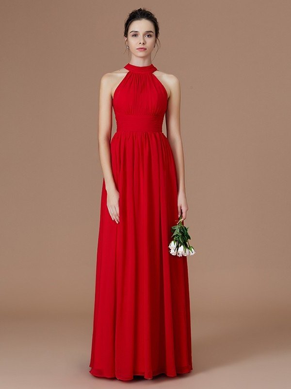 A-Line/Princess Halter Sleeveless Floor-Length Ruched Chiffon Bridesmaid Dresses