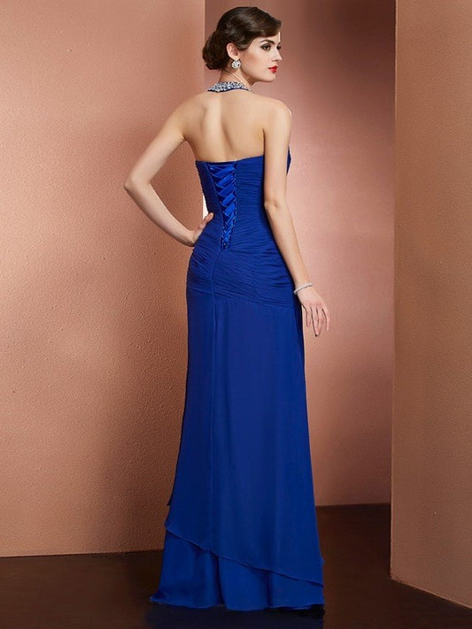 Halter Sheath/Column Beading Sleeveless Long Chiffon Dresses