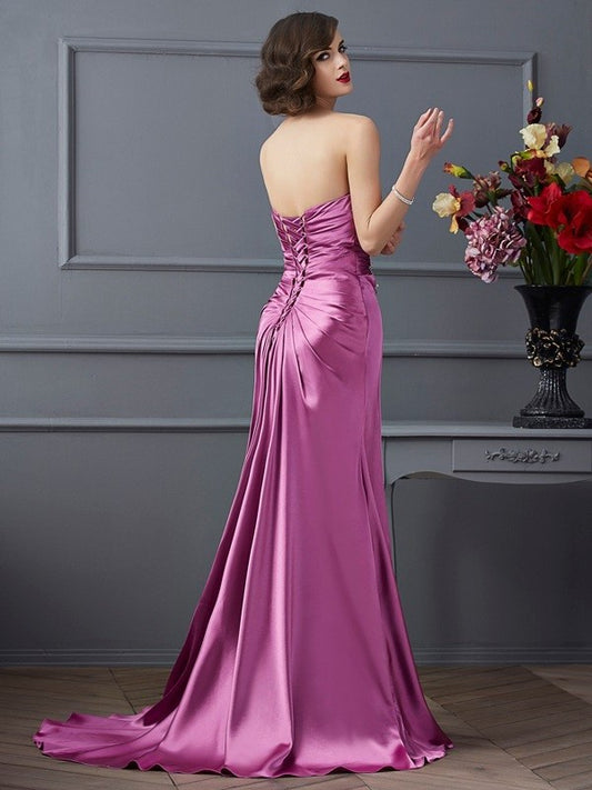 Sheath/Column Sweetheart Sleeveless Beading Elastic Long Woven Satin Dresses