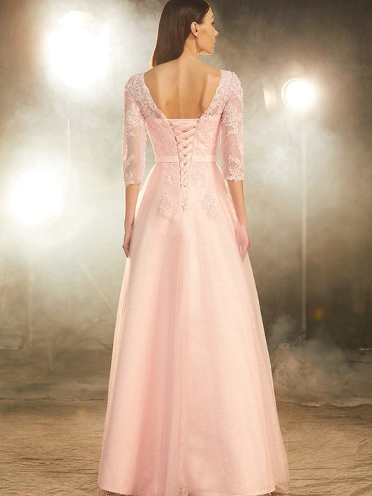 Floor-Length A-Line/Princess 1/2 Bateau Sleeves Applique Tulle Dresses