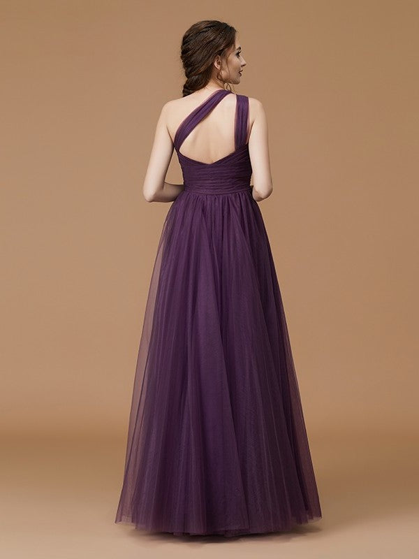 One-Shoulder Floor-Length A-Line/Princess Ruched Sleeveless Tulle Bridesmaid Dresses