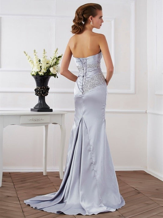 Elastic Trumpet/Mermaid Beading Long Strapless Woven Satin Dresses