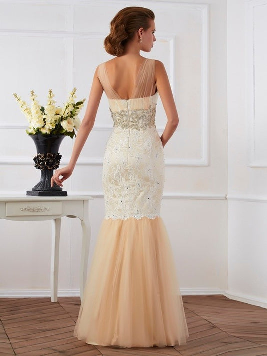 Trumpet/Mermaid Straps Beading Sleeveless Long Net Dresses