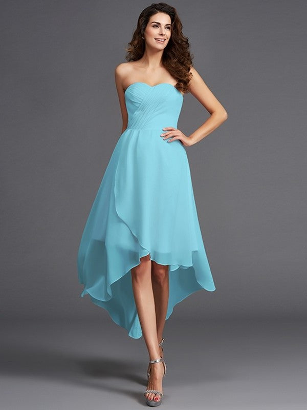 Sweetheart Low High Ruffles A-Line/Princess Sleeveless Chiffon Bridesmaid Dresses