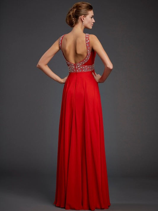 Halter Beading Sleeveless Sheath/Column Sequin Long Chiffon Dresses