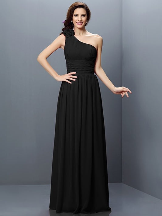 Pleats Sleeveless One-Shoulder Long A-Line/Princess Chiffon Bridesmaid Dresses